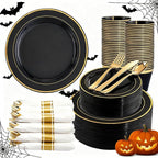 350 Pieces Black and Gold Plastic Plates with Disposable Silverware, Include 50 Dinner Plates 9”, 50 Dessert Plates 6.3”, 50 Black Cups 9 OZ, 50 Pre Rolled Napkins for Halloween new year