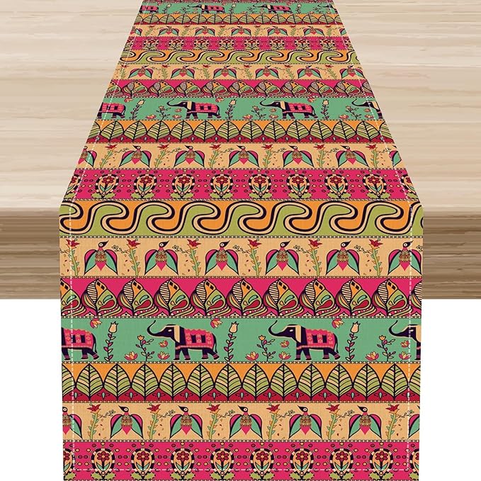 Boho Table Runner, Indian Bohemian Elephant Mandala Paisley Floral Hippie Art Print Table Center Decor for Home Kitchen Dining Patio Holiday Party Indoor Outdoor Table Decorations, 13"x72" Inch
