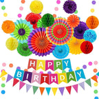 Colorful Birthday Decorations - Mexican Fiesta Party Decorations with Happy Birthday Banner, Paper Fans, Paper Pom Poms,Dots Garland, Pennant Banner, Honeycomb Balls Packs