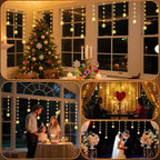 Rechargeable Stars Christmas Window Lights, IP65 Waterproof 90 LEDs 54 Stars Hanging Curtain Lights with 3 Timer Modes, Warm White Christmas Star Decoration for Indoor Outdoor Xmas Home Party Decor