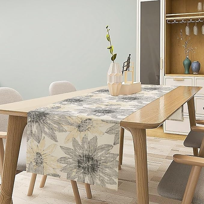 Chrysanthemum Vintage Floral Table Runner, Elegant Grunge Green Sunflower Spring Summer Elegant Pattern Artichokes Flower Table Runner for Party Kitchen Dining Living Room Decor, 13x108 Inch