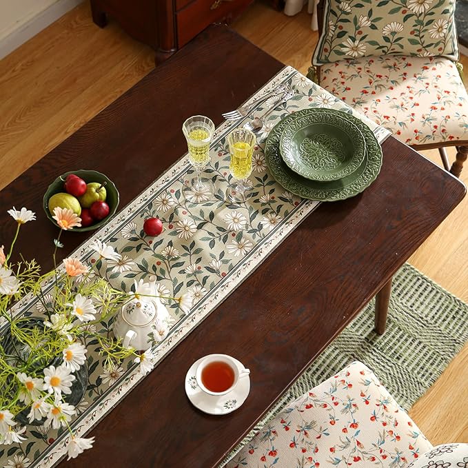 ISAENNE Designer Green Elegant Linen Table Runner 71 Inches Long,Flower and Leaves Pattern Wrinkle Resistant Table Runners for Dining Tables,Thanksgiving,Kitchen Tables,Christmas,12"*71"-Brune