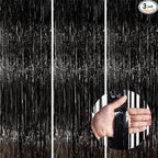 PartyWoo Black Streamers Tinsel Backdrop Curtain 3pcs 8.2ft Foil Fringe Curtain for Black History Month Juneteenth Gothic Wedding Retirement Halloween Cow Print Theme Party Celebration Decorations