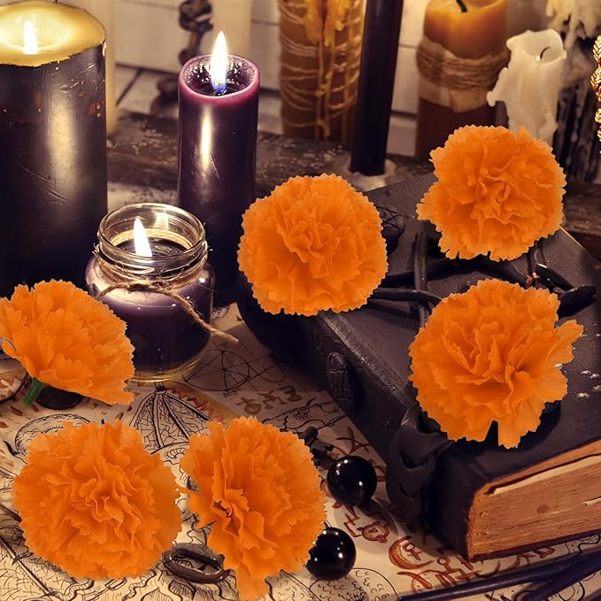 30 Pcs Artificial Marigold Flowers,2" Silk Marigold Flower Heads with Stems,Orange Flowers Artificial for Diwali Decor,Indian Wedding,Home,DIY Wreath Garland,Day of The Dead Decorations
