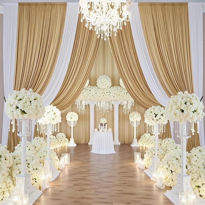 60×14 ft Wrinkle Free Beige Backdrop Curtain for Weddings Parties, 12 Panels 14ft Silky Polyester Wedding Drapes Backdrop Photo Back Drop Cloth for Birthday Baby Shower Photography Backgrounds