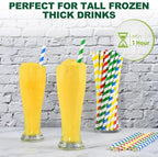[10MM Wide] 10.25 Inch Extra Long Fat Sturdy Paper Drinking Straws for Smoothies, Milkshakes, Thick Frozen Drinks - 100 Counts, Colorful Stripes - Biodegradable