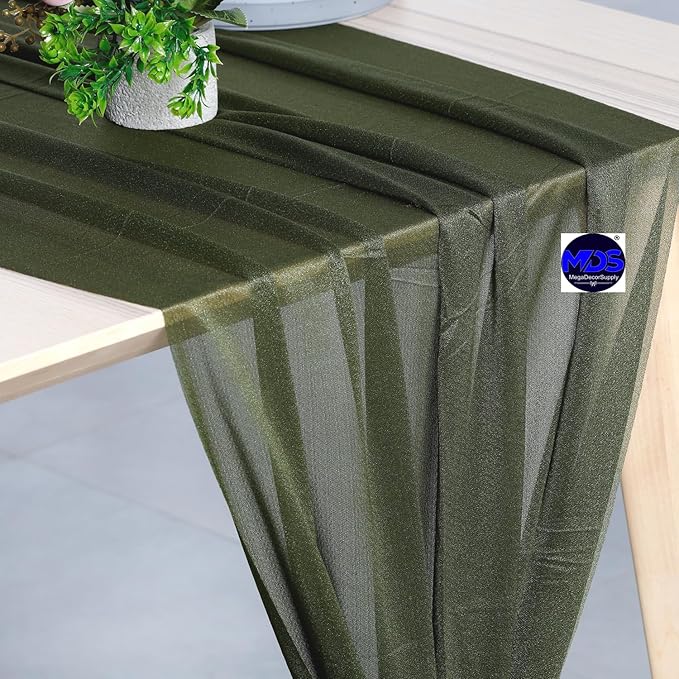MDS Halloween Chiffon Table Runner - 10 Pack, 29 x 120 Inches, 10ft Each - Sheer Spooky Table Runners for Haunted House Parties, Trick-or-Treat Tables, Witchy Décor, Wedding & Events - Olive Green