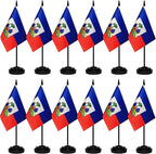 12 Pack Haiti Desk Flags Set, Haitian Small Mini Table Office Flags With 12" Solid Black Pole, Black Base and Spear Top, Miniature Desktop Flag, Home Decoration, Office Decoration, Festival