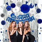 Navy Blue and Silver Happy Birthday Party Decoration 24Pcs Hanging Paper Fans Pom Poms Flowers, Garland String Polka Dot, Happy Birthday Banner for Boy Birthday Baby Shower Blue Birthday Decorations