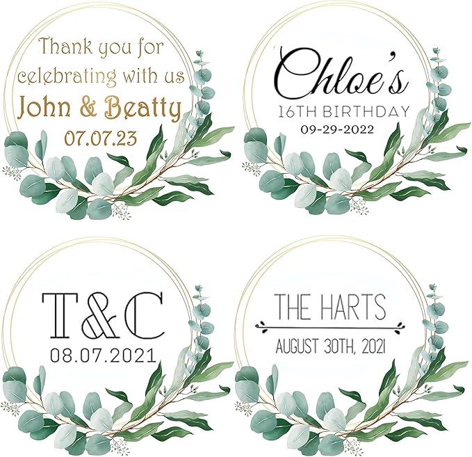 Custom Stickers for Weddings, Birthdays & Businesses - Personalized Labels with Your Logo - Waterproof, Fade and Heat Resistant - Pack of 100-1000 (Wreath B, 4 Inch)