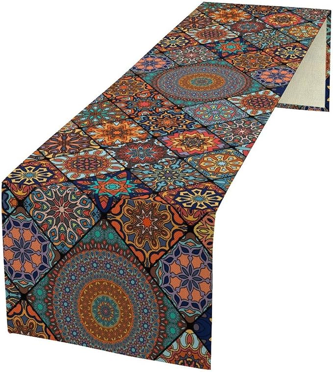 Bohemian Table Runner, Colorful Vintage Indian Mandala Floral Table Runners for Kitchen Dining Coffee Table Indoor Outdoor Party Decor, 13x36inch