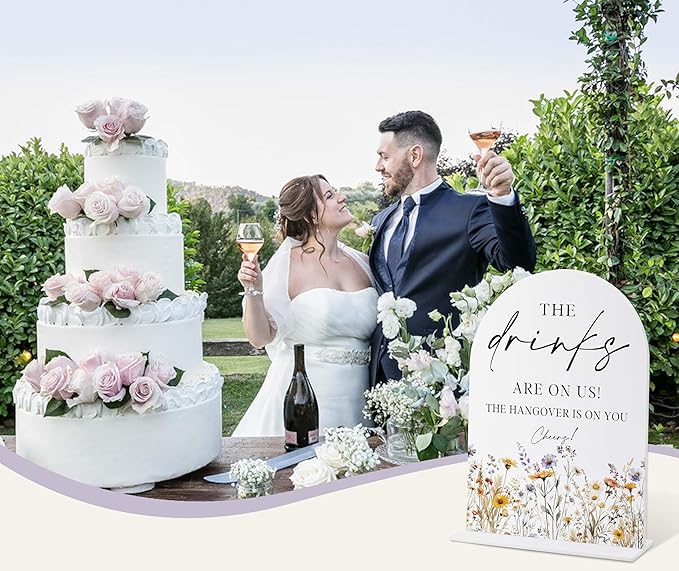Wedding Signs for Ceremony and Reception, Boho Floral Acrylic Drinks are on Us Hangover is on You Sign, Wedding Signage with Stand, Bridal Shower Table Centerpieces, Supplies for Engagement Party, 35