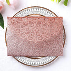 PONATIA 5.12 X 7.2 Rose Gold Glitter Wedding Invitations, 20PCS Tri-Fold Laser Cut Invitations Pockets With Envelopes For Wedding Bridal Shower Engagement Quinceanera Invitations (No Inner Sheet)