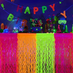 Mega-L Glow in The Dark Party Supplies, 2 Pack Neon Party Decorations Fluorescent Macaron Orange, Yellow and Fuchsia Wavy Metallic Tinsel Foil Fringe Table Skirts, Perfect Table Decors Glow Decors