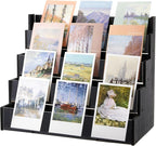 4 Tier Greeting Card Display Stand Black Bamboo and Acrylic Sticker Display Stand Trading Card Holder Retail Photos Shelf for Vendors Craft Collection & Show
