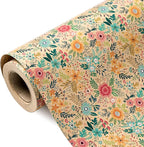 WRAPAHOLIC 30 Inch Jumbo Kraft Floral Wrapping Paper Roll - 30 Inch x 100 Feet Jumbo Roll - Spring Summer Garden Flower Design Perfect for Wedding, Bridal Shower, Birthday