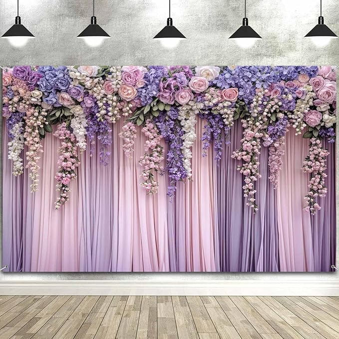 7x5ft Purple Flower Wedding Photography Backdrop Lavender Floral Wedding Bridal Photography Backdrop Anniversary Birthday Baby Shower Girl Party Banner Photo Booth Props Background Wall Decor