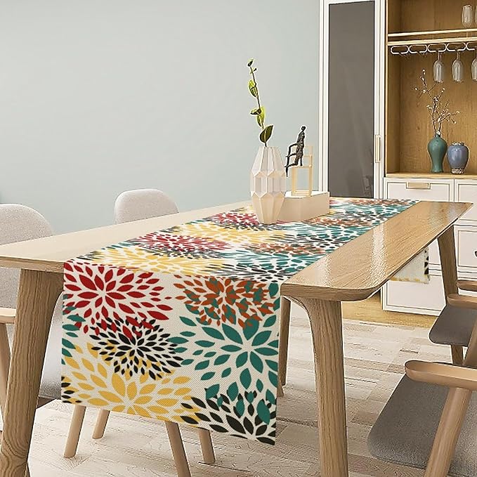 Green Red Dahlia Flower Table Runner Chrysanthemum Geometric Kitchen Dining Bedroom Living Room Table Decor for Indoor Outdoor Home Party, 13x108 Inch
