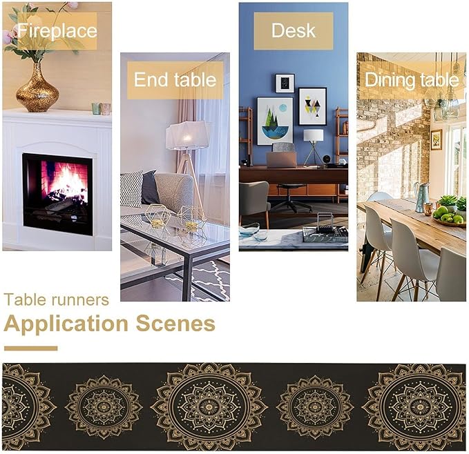 Golden Mandala Table Runner, Traditional Indian Gold Black Flower Vintage Luxury Bohemian Mandala Table Runner for Home Kitchen Dinning Table Indoor Outdoor Holiday, 13x60inch