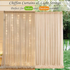 10ft x 10ft Champagne Chiffon Backdrop Curtain with Lights String for Parites Wedding Wrinkle Free Curtain Photo Backdrops Drapes for Baby Shower Birthday Party Home Decorations