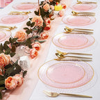 Rubtlamp 60 Pieces Pink Gold Plastic Plates - 10 inch Pink Plastic Dinner Plates - Hammer Pattern Design - Fancy Clear and Gold Disposable Plates Ideal for Mother's Day