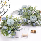 Meldel 3Pcs Rose Bouquet Blue Artificial Flowers Fake Eucalyptus Plants Silk Flower Arrangements Wedding Bouquets Decorations Plastic Floral Table Centerpieces for Home Kitchen Garden Party Decor