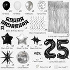 25th Birthday Decorations for Men Women, Black Silver Happy Birthday Party Decorations， 25 Year Old Party Supplies with Number 25 Balloons, Banner, Fringe Curtains Kit