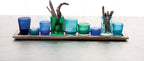 Creative Co-Op Wood Tray with 9 Blue & Green Glass Votive Holders