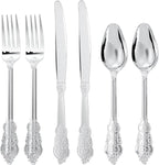 300Pieces Silver Plastic Silverware - Heavy Duty Silver Disposable Utensils - Fancy Plastic Cutlery Set Includes 100 Forks, 100 Spoons, 100 Knives for Dinner Parties Weddings