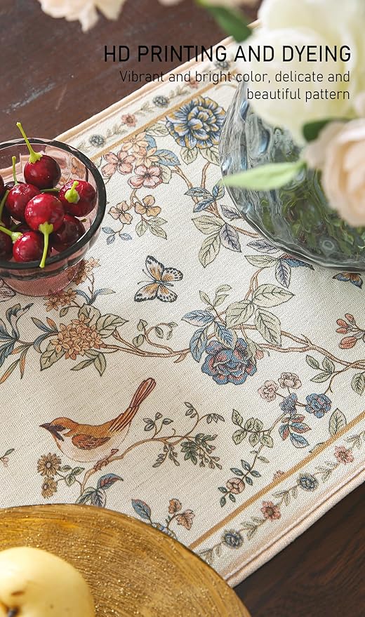 ISAENNE Designer Linen Table Runner 71 Inches Long,Elegant Floral Bird Pattern Table Runners for Dining Room,Farmhouse Rustic Kitchen Decor,Thanksgiving,Christmas,12"*71"-Cornucopia