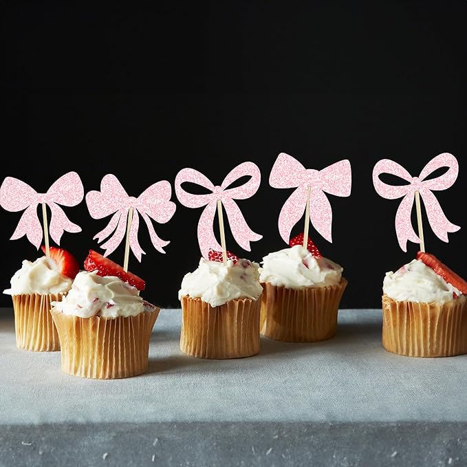 Gyufise 36Pcs Bow Cupcake Toppers Glitter Girls Birthday Decorations Bowknot Cupcake Picks Bow Tie Birthday Decorations Bow Cake Toppers for Bridal Baby Shower Bachelorette Party Supplies Light Pink