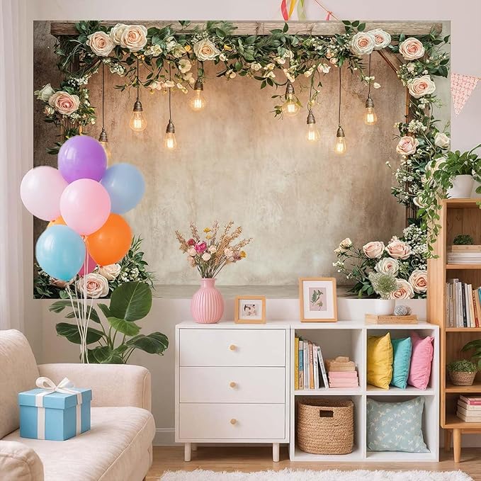 6x4ft Country Wedding Photography Backdrop Floral Rustic Roses Farmhouse Wooden Door Backdrop Pink Flower Birthday Baby Shower Wedding Bridal Party Banner Photo Booth Props Anniversary Background