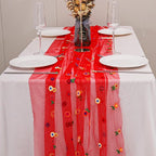 BINBE 12pcs Daisy Fall Table Runner Embroidery Gauze 10FT Florals Seasonal Tulle Holiday Birthday Kitchen Dining Table Decor for Home Party Red