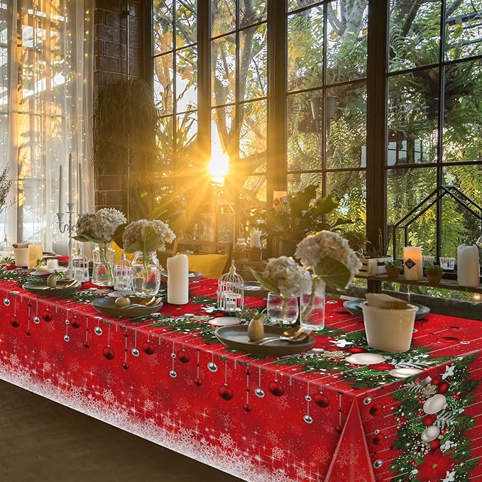 6Pieces Merry Christmas Tablecloth Plastic Christmas Tree Ball Table Cover Rectangle Winter Snowflake Tablecloth for Merry Christmas Holiday New Year Eve Party Decorations Supplies,54x108inch
