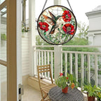 Stained Glass Window Hanging - Green Hummingbird Red Flower Suncatcher for Door Terrace Garden Home Decor Bird Landscape Sun Catcher Birthday Gifts for Lovers Women Men Dad Mom Nana 11.8 in