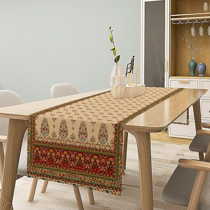 Boho Paisley Table Runner, Vintage Western Brown Dark Red Beige Flowers Leaves Print Table Runner for Kitchen Dining Table Wedding Holiday Party Decor, 13x90inch