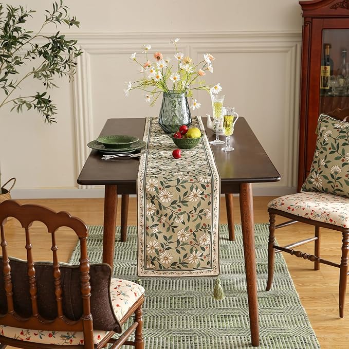 ISAENNE Designer Green Elegant Linen Table Runner 87 Inches Long,Flower and Leaves Pattern Wrinkle Resistant Table Runners for Dining Tables,Thanksgiving,Kitchen Tables,Christmas,12"*87"-Brune
