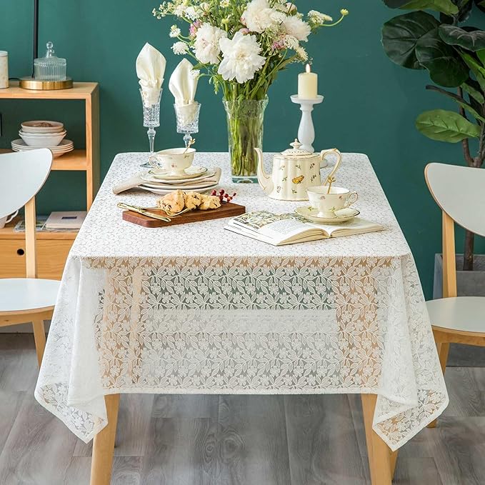Lace Tablecloth Leaf Pattern Warp Knitting Fabric Solid White Rectangle/Oblong Table Cover for Kitchen Dining Farmhouse Wedding Party Decor Ivory, 55x120 Inch