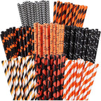 Cooraby 200 Pieces Halloween Paper Straws Biodegradable Drinking Stripe Bicolor Stripe Dot Straw Mix for Wedding Supplies and Party Favors, 8 Styles (Black and Orange)