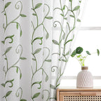 VISIONTEX Embroidered Green Sheer Voile Curtains, Leaves Embroidery Faux Linen Rod Pocket Window Drapes for Living Room and Girls Bedroom 54 x 95 Inch, Set of 2 Curtain Panels