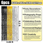 6 Pack Black Gold Silver Foil Fringe Curtain Backdrop, 3.28Ft x 8.2Ft Metallic Tinsel Foil Fringe Streamer Curtains for Photo Booth, Birthday, Wedding, New Year Party Decorations