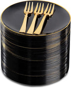 Festiva 200Pcs Black Gold Dessert Plates 6.3" with Plastic Forks 5"- Small Disposable Plates- Dessert/Cake/Appetizer Plastic Plates include 100Plates 100Forks for Christmas Party&Halloween&New Year