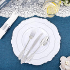 Liacere 350PCS Silver Plastic Plates-Disposable White and Silver Plates 50guest Baroque Plastic Dinnerware Set include 100Plates, 50Pack Pre Rolled Napkins with Silverware 50Cups Perfect for Chrismas