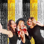 4 Pack Black Gold Silver Foil Fringe Curtain Backdrop, 3.28Ft x 8.2Ft Metallic Tinsel Foil Fringe Streamers for Photo Booth, Wedding, Notorious One Birthday Roaring 20s Graduation Party Decoration