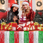 4 Pack 29x108 Inch Metallic Foil Fringe Tinsel Table Skirts for Rectangle Tables Streamer Backdrop for Wedding, Birthday, Parade Floats, Christmas, Halloween Party Decoration(Red Silver Green)