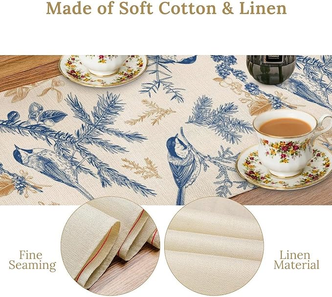 Floral Table Runner,Sketch Birds and Flowers Summer Table Runner Kitchen Dining Table Decoration for Home Party Decor 13x108 Inch