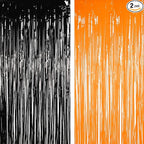 BRAVESHINE 1 Black 1 Orange Tinsel Photo Backdrop Curtains - 3.2x8.2ft Foil Fringe Streamer Curtain for Birthdays, Halloweens, Graduations, Pumpkin, Home, Indoor or Outdoor Party Supplies Decorations