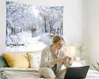 QGHOT Winter Tapestry Wall Hanging, Snow Scene Backdrop Winter Wonderland Wall Decor Snowy Forest Wall Art Nature Woodland Deer Tapestry for Bedroom Room Dorm Party Decoration, Large