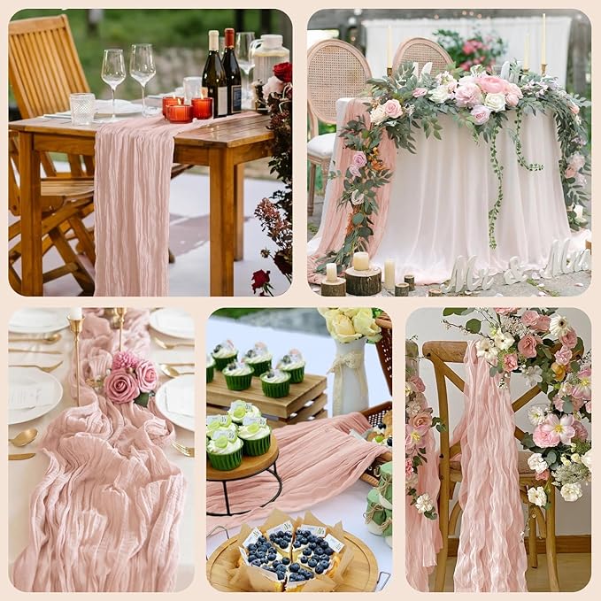 Asee'm 2pcs Cheesecloth Table Runner 120 Inches Dusty Pink Boho Gauze Cheese Cloth Runner 10FT Rustic Sheer Fall Table Runners for Thanksgiving Wedding Baby Shower Holiday Party Decoration