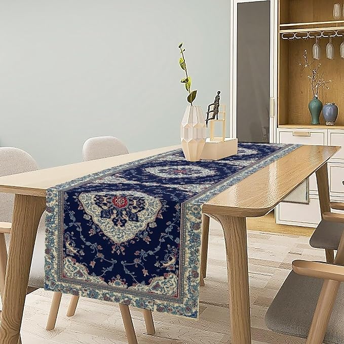 Elegant Palace Boho Blue Table Runner Vintage French Style Farmhouse Geometric Home Farmhouse Kitchen Table Dining Coffee Room Garden Party Wedding Decor 13x60in